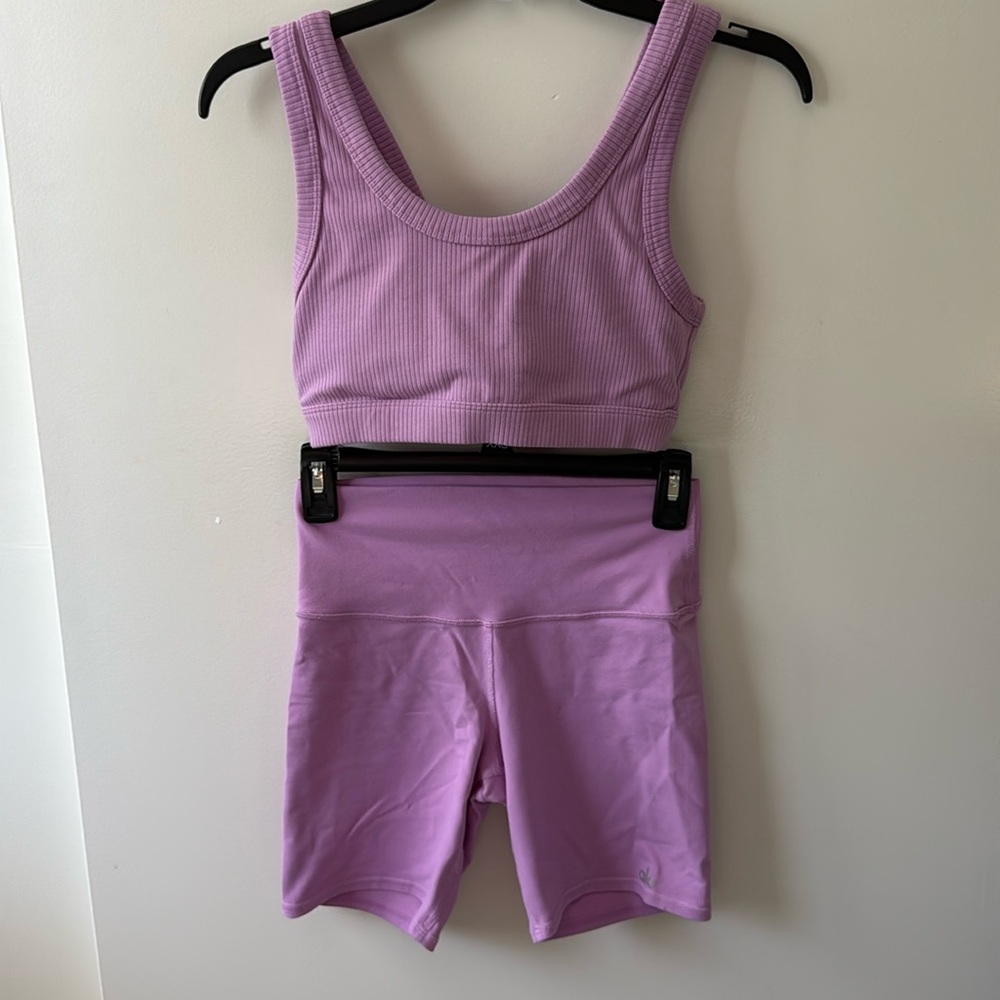 ALO ribbed pink bra and high waisted biker shorts